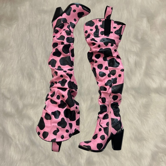 Dolls Kill Shoes - Thigh High Pink & Black Retro Cowboy Boots 7